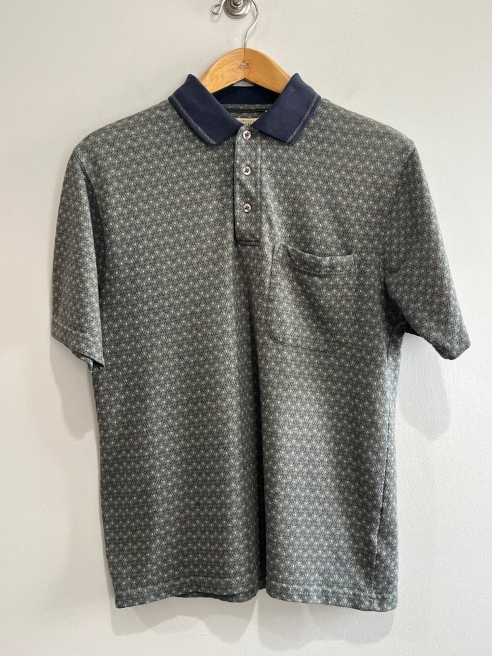 St Johns Bay Vintage Polo Shirt Mens M Green/Navy Print Short Sleeve 80s